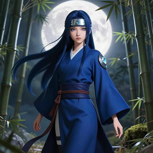 Mystical Female Ninja in Moonlit Bamboo Forest