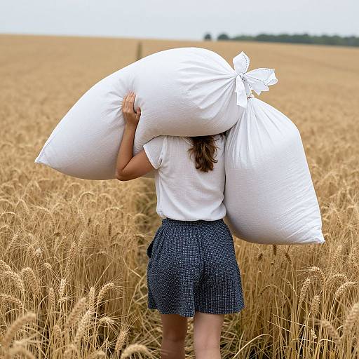 Photograph of a woman with brown hair, wearing a white shirt and blue checkered skirt, carrying two large white sacks of grain in a golden wheat