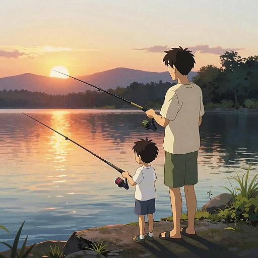 Anime Father and Son Fishing Sunset