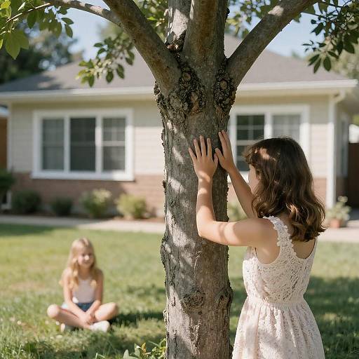 Sunlit Girl in Lace Dress by Tree