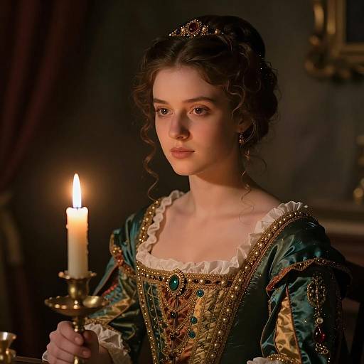 Young Woman in Historical Costume Holding Candle