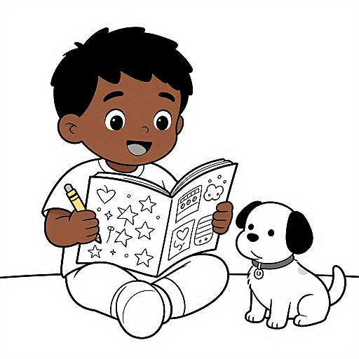Cartoon of a dark-skinned boy with short black hair, in white pajamas, reading a star-decorated book to a black-and-white