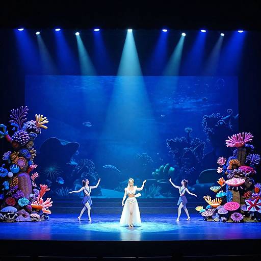 Photograph of a stage performance with a central blonde woman in a white dress, surrounded by four dancers, under blue spotlight, with colorful coral and ocean