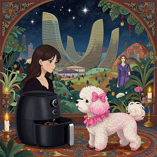 Digital illustration of a brunette woman with black dress, black pot, and white poodle with pink bow, in a starry, futuristic garden with tall