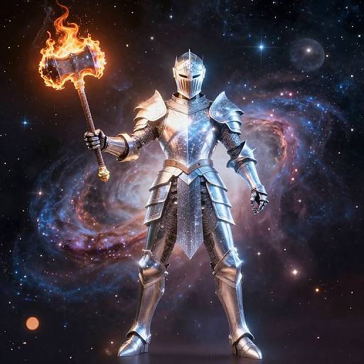 Digital artwork of a shining, armored knight holding a flaming torch, standing in a cosmic galaxy backdrop with swirling nebulae.