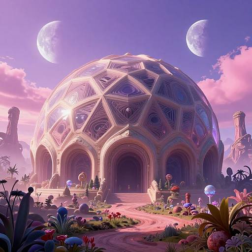 Digital fantasy artwork of a glowing, geometric domed building surrounded by vibrant alien flora, under a pink-purple sky with two moons.