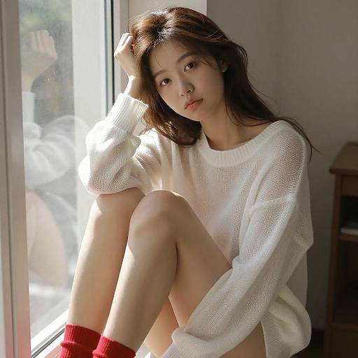 Young Woman in White Sweater by Window