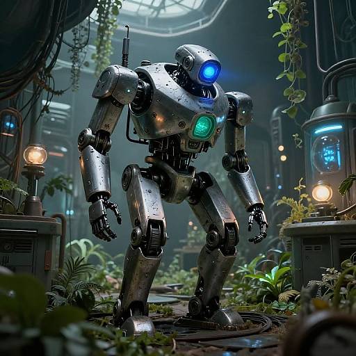 Photorealistic CGI of a silver, humanoid robot with blue and green glowing eyes, standing in a futuristic, dimly-lit, plant-filled laboratory