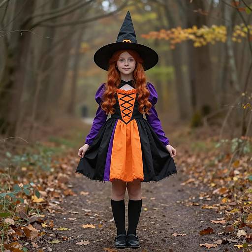 Redhead Girl in Witch Costume in Forest