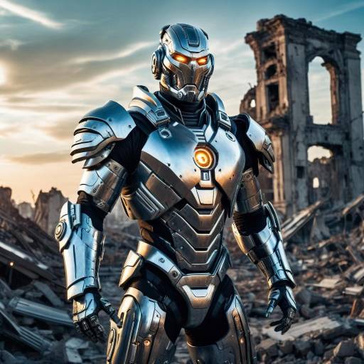 Futuristic Cyborg Warrior in Ruined City