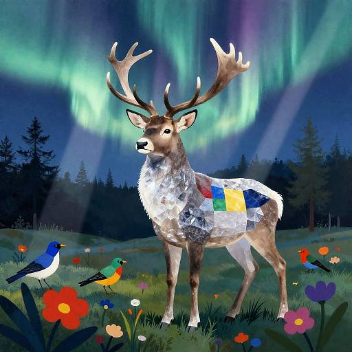 Crystalline Stag Beneath the Aurora