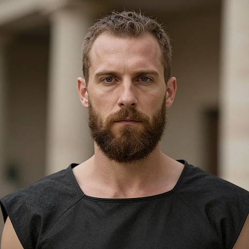 Photograph of a bearded, blue-eyed Caucasian man with short brown hair, wearing a black sleeveless shirt, standing against a blurred, indoor background