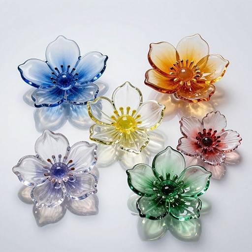 Photograph of eight translucent glass flowers in vibrant colors: blue, orange, yellow, white, green, red, and clear, arranged on white background
