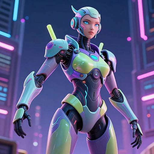 CGI image of a futuristic, neon-lit cityscape featuring a cybernetic woman in a sleek, colorful, high-tech armor with glowing accents