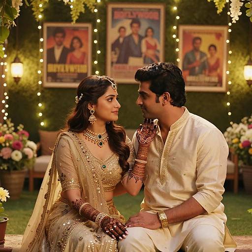 Photograph of a South Asian couple in traditional wedding attire, adorned with jewelry, sitting close in a garden with Bollywood movie posters and string lights in the