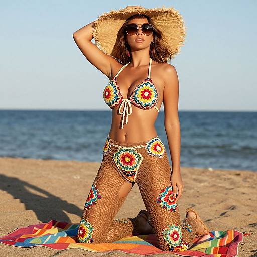 Photograph of a tan-skinned woman in a colorful, floral-patterned bikini and fishnet pants, kneeling on a beach towel, wearing a straw