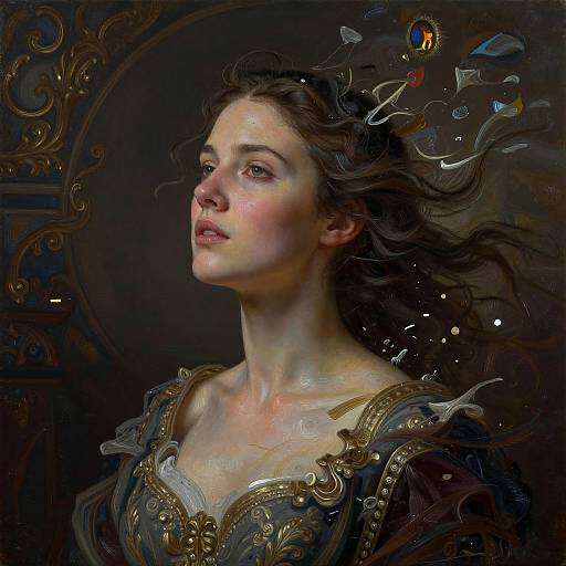 Digital painting of a fair-skinned woman with flowing dark hair, wearing an ornate, golden-embellished dress, surrounded by floating glass shards