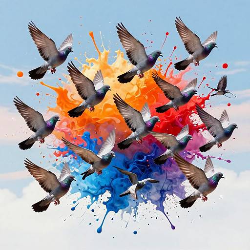 Colorful Pigeons Soaring Through Inkburst