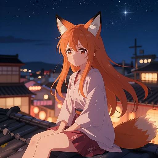Anime-style digital drawing of a girl with fox ears and tail, sitting on a rooftop at night, wearing a white kimono and red skirt, with