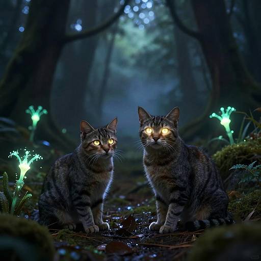 Glowing-Eyed Cats in Mystical Forest
