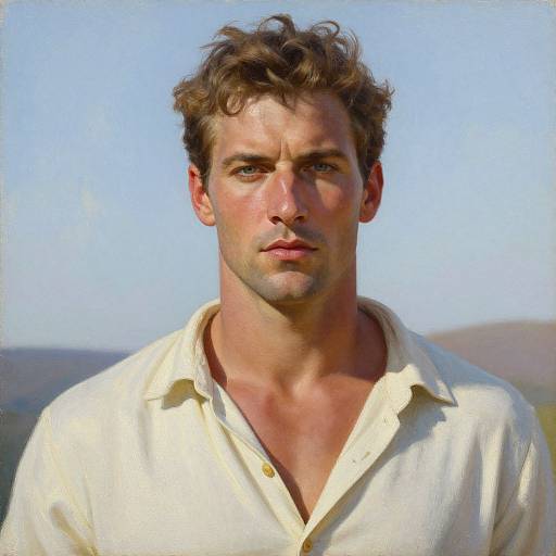 Photograph of a handsome, muscular, fair-skinned man with short, curly brown hair, wearing an unbuttoned, white shirt, against a