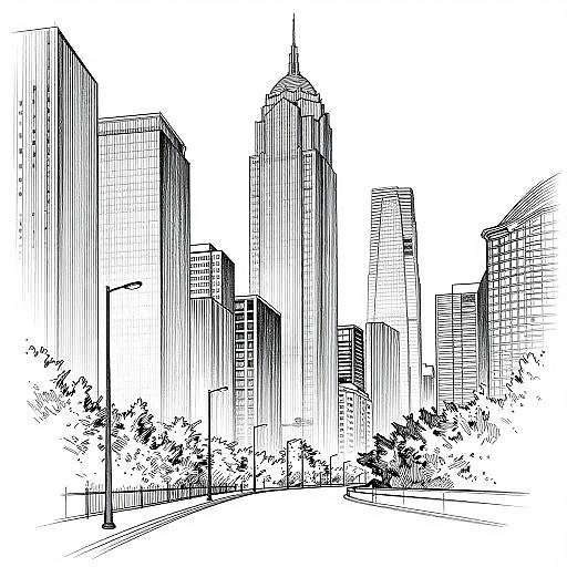Black-and-white line drawing of a bustling cityscape with tall skyscrapers, trees, and a streetlamp, capturing urban architecture.