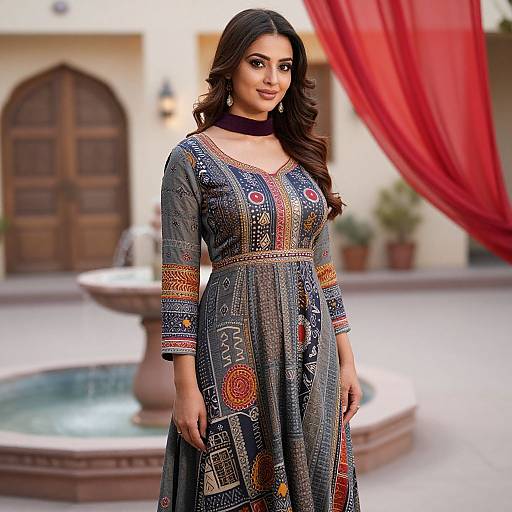 Photograph of a beautiful South Asian woman with long dark hair, wearing a colorful, embroidered traditional dress, standing in front of a fountain with red curtains