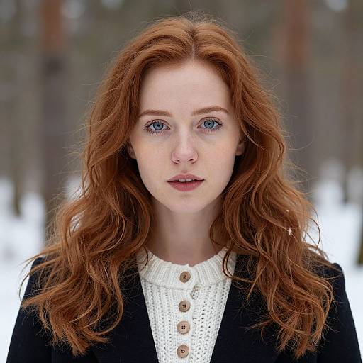 Photograph of a fair-skinned woman with long, wavy red hair, blue eyes, wearing a white knitted top with brown buttons and black