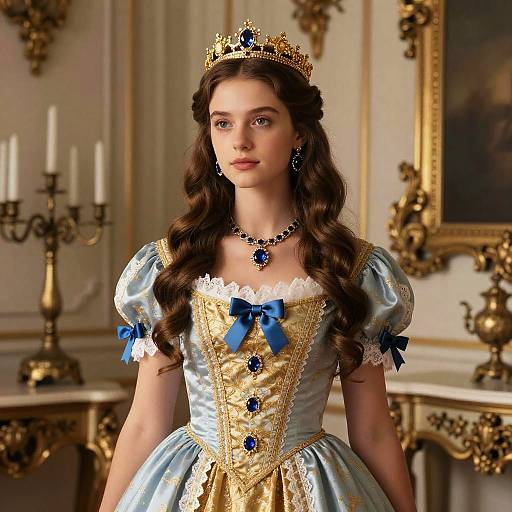 Photograph of a young woman with long brown hair, wearing a gold and blue princess dress, tiara, blue ribbon bows, and necklace, standing