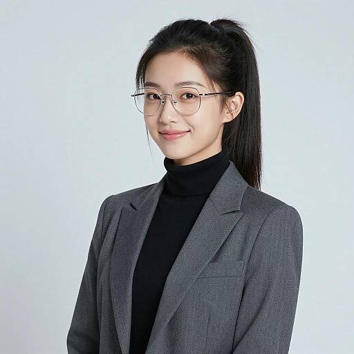 Photograph of an Asian woman with black hair in a ponytail, wearing glasses, a black turtleneck, and a gray blazer, smiling