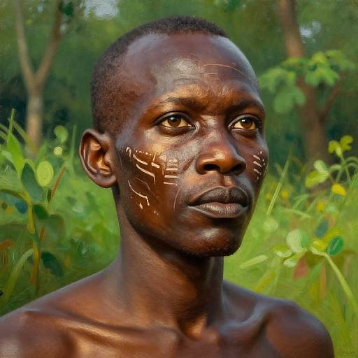 Photograph of a young, shirtless, dark-skinned African man with painted white tribal patterns on his face, standing in a lush, green forest