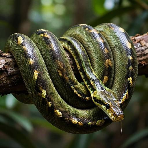 Photograph of a green and yellow patterned snake coiled tightly around a brown tree branch, with blurred green foliage in the background.