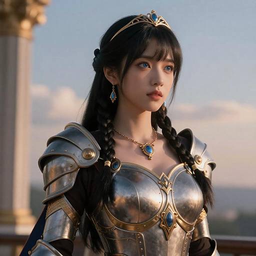 Young Woman in Detailed Medieval Armor with Blue Jewels