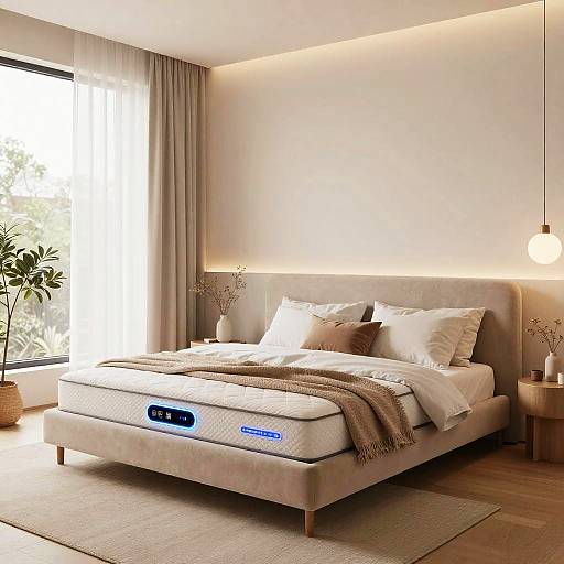 Modern bedroom photograph with a smart bed, beige upholstered frame, white pillows, brown throw, soft lighting, potted plant, and large window.