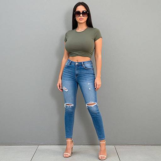Photograph of a woman with long black hair, wearing sunglasses, olive green crop top, and ripped blue jeans, standing against a gray wall.