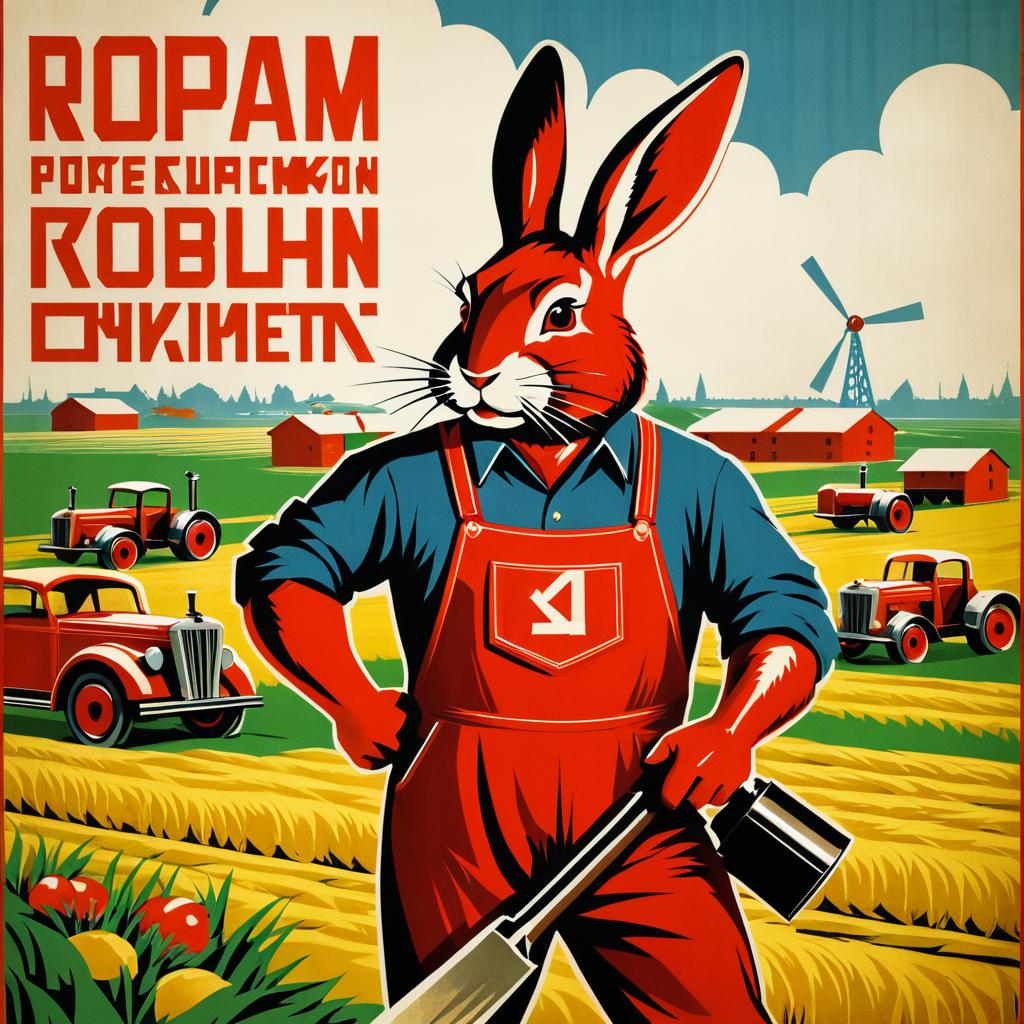 Soviet-Inspired Farmer Rabbit Poster Art