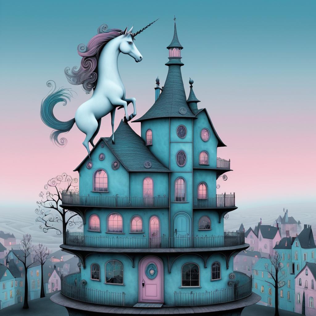 Whimsical Unicorn in Eerie Village Art