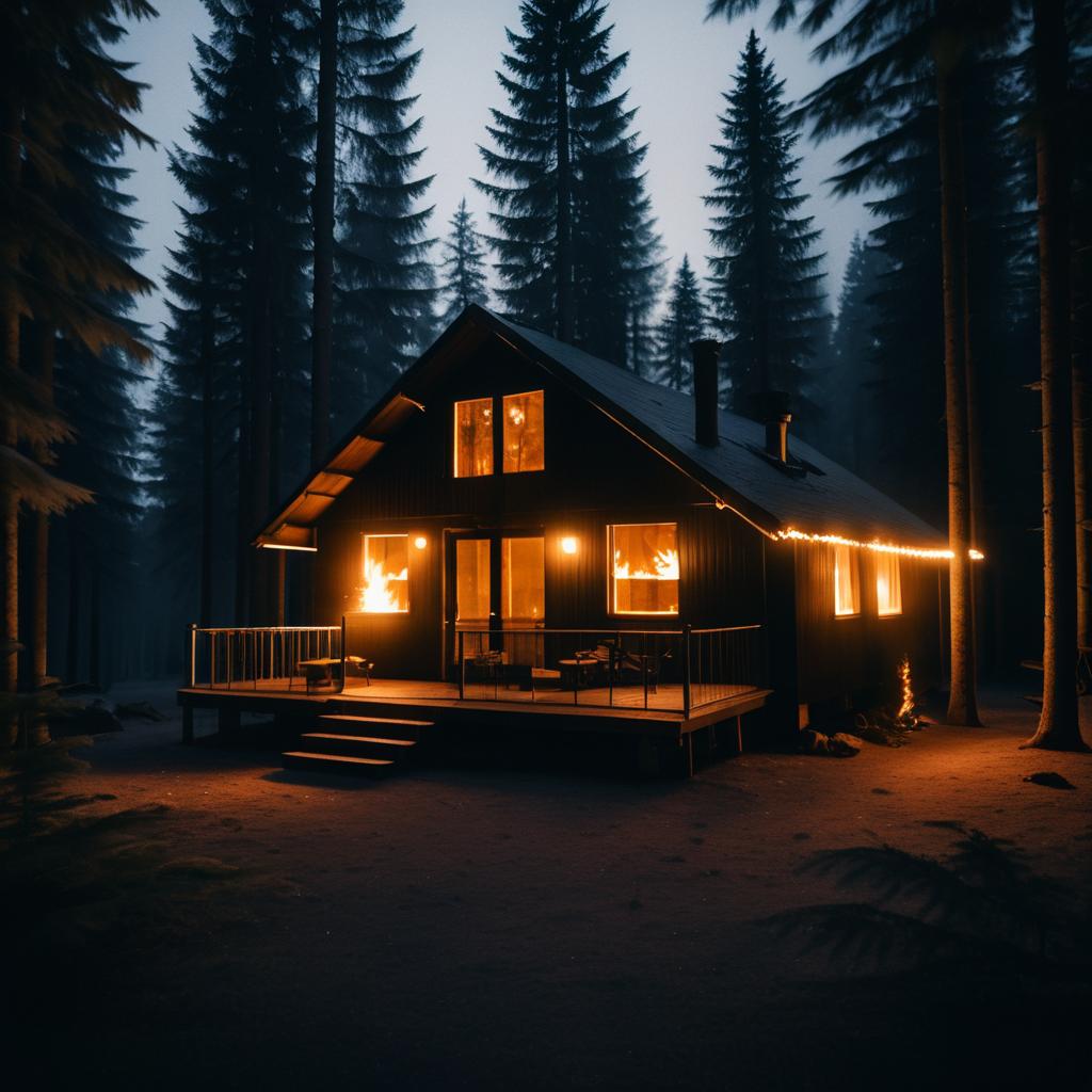 Stunning Forest Cabin Fire at Dusk