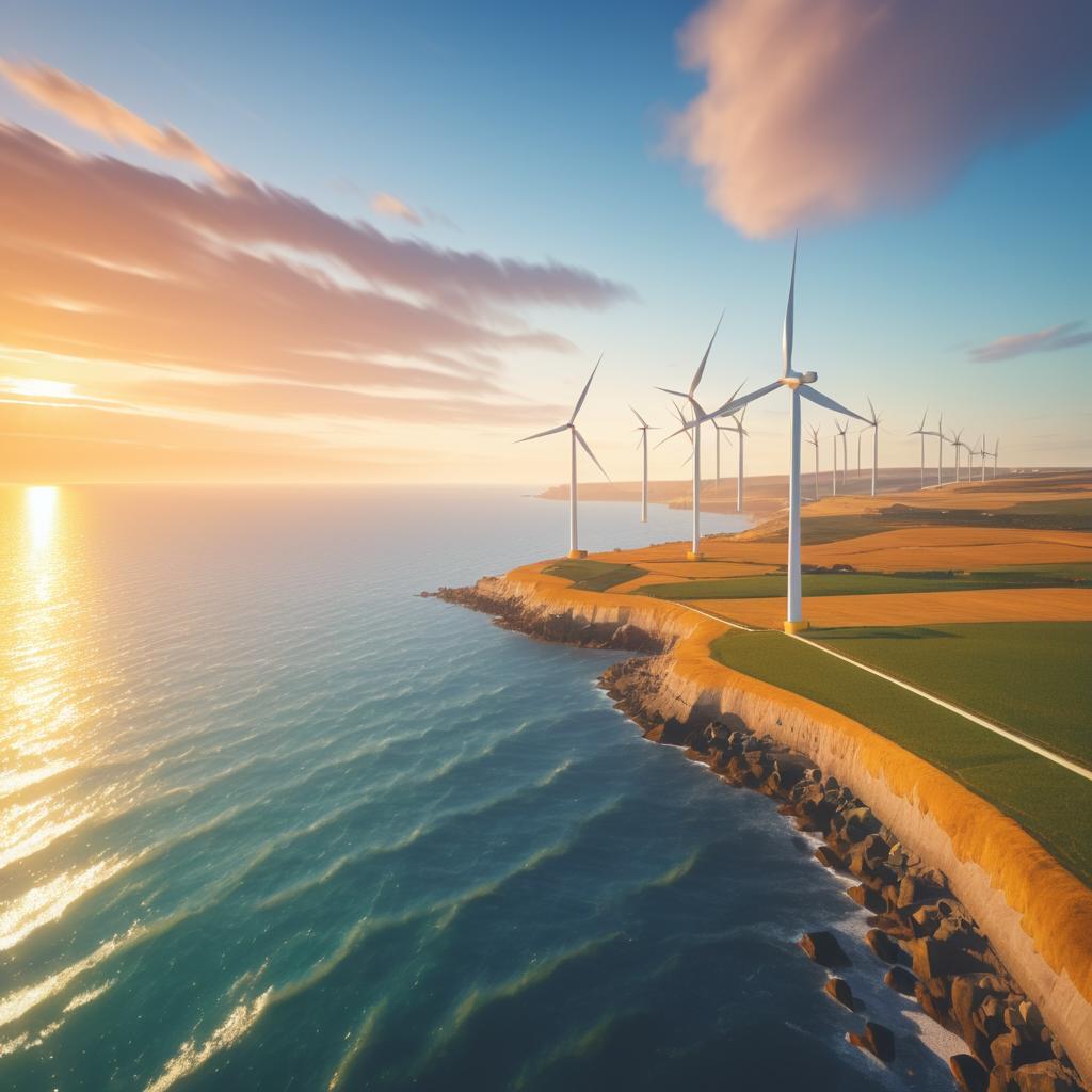 Cinematic Coastal Wind Farm at Golden Hour