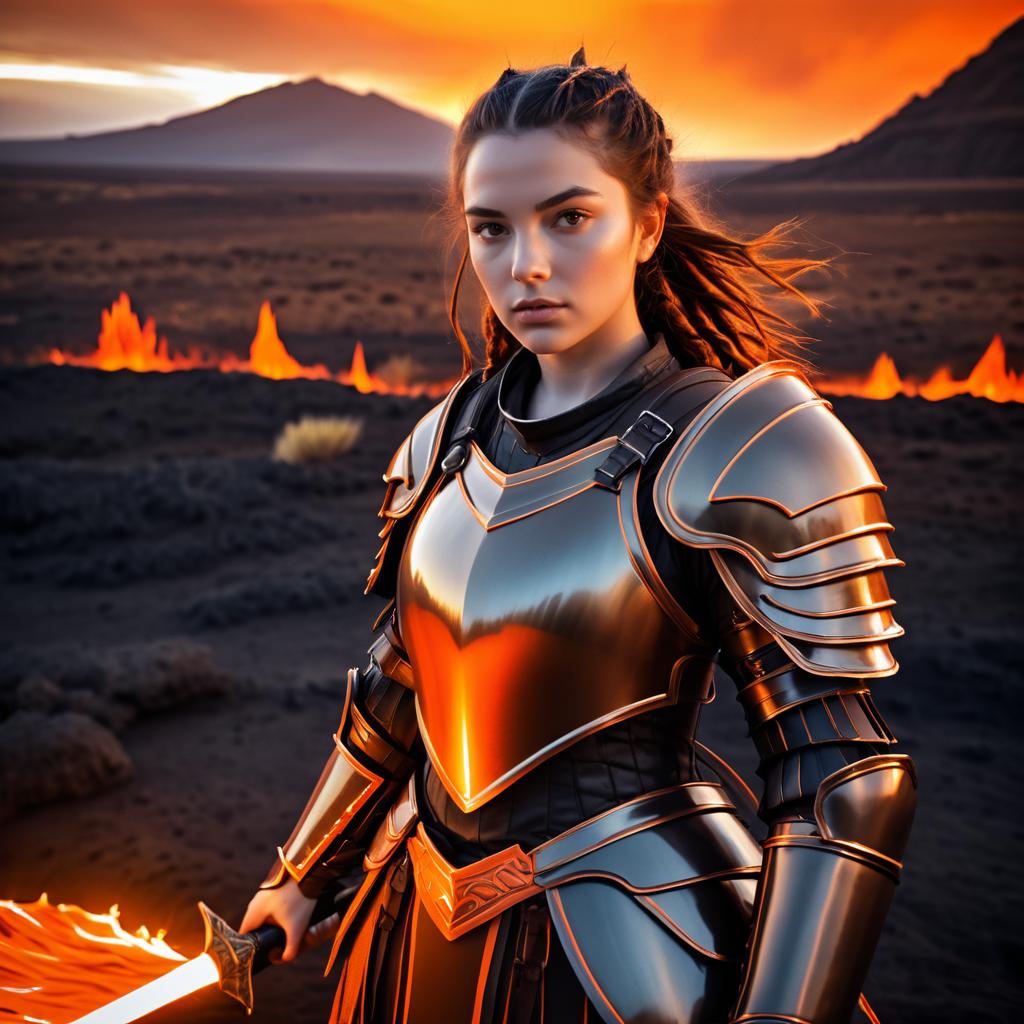 Cinematic Female Knight in Volcanic Landscape