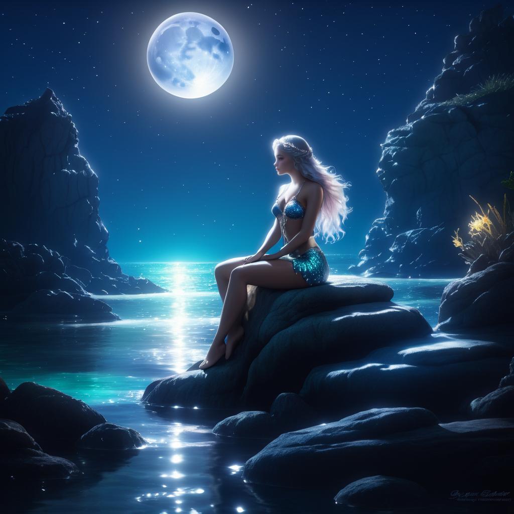 Serene Mermaid Under Moonlit Sky