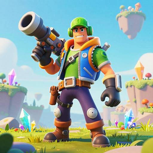 Cartoonish, muscular adventurer with green helmet, blue vest, and orange shirt, holding a large gun, stands on a colorful, floating island landscape