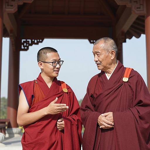 Buddhist Monks in Pavilion Under Blue Sky