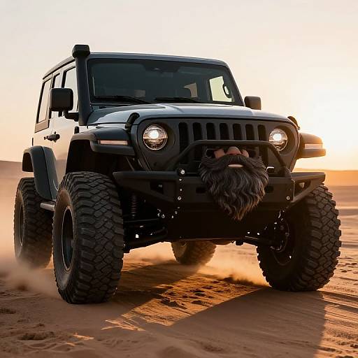 Photograph of a black Jeep Wrangler with large tires, rugged front bumper, and a bushy beard hanging from the grille, driving through a sandy