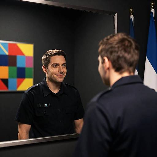 Man in Dark Uniform Reflecting in Mirror