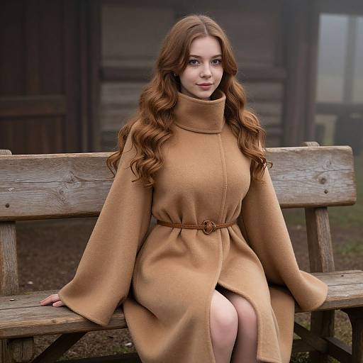 Photograph of a fair-skinned, red-haired woman with wavy hair, wearing a long, beige, belted coat, sitting on a wooden
