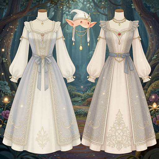 Digital illustration of two white, ornately-embroidered, medieval-style dresses with long sleeves and lace details, displayed on mannequins in