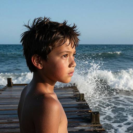 Photograph of a young boy with wet, spiky black hair, shirtless, standing on a wooden pier by the crashing ocean waves under a clear