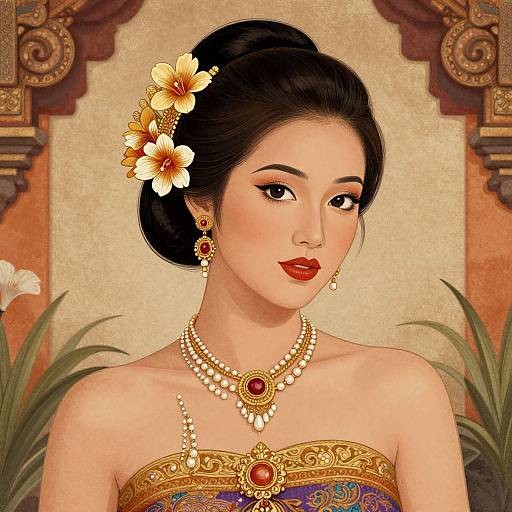 Digital painting of an elegant Asian woman with black hair, adorned with yellow flowers, wearing ornate gold jewelry and a colorful strapless top, set against