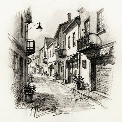Cozy Urban Street Charcoal Drawing